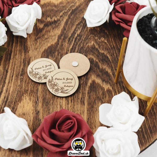 Drevené svadobné magnetky - Kruh - kvetinovy vzor 9