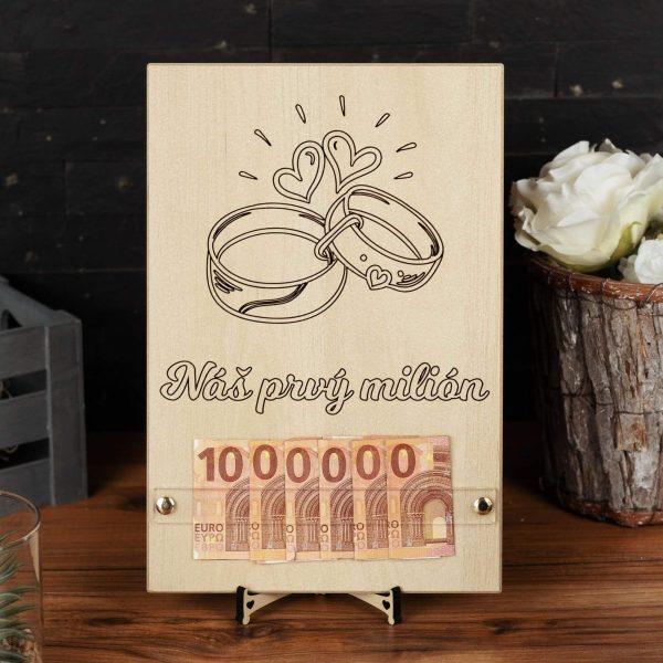 Svadobný dar – Tabuľka na darovanie peňazí – Náš prvý milón – Obrúčky