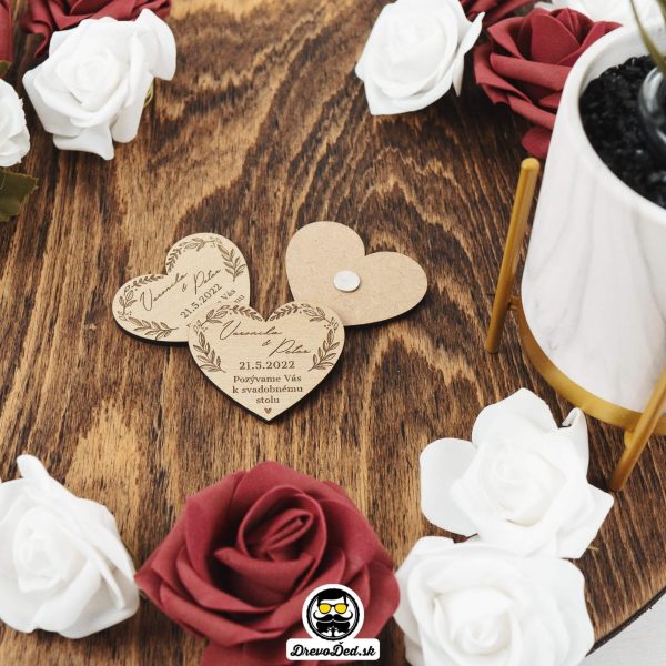 Drevené svadobné magnetky - Srdce - kvetinovy vzor 2