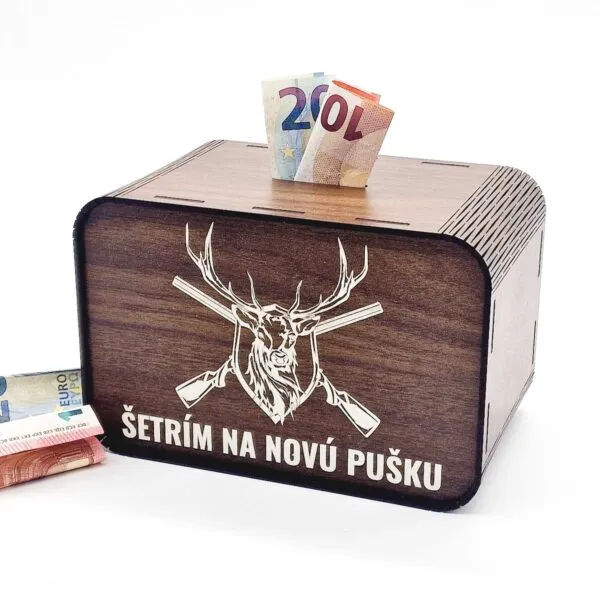Drevená pokladnička - Šetrím na novú pušku - Pre poľovníka - orech